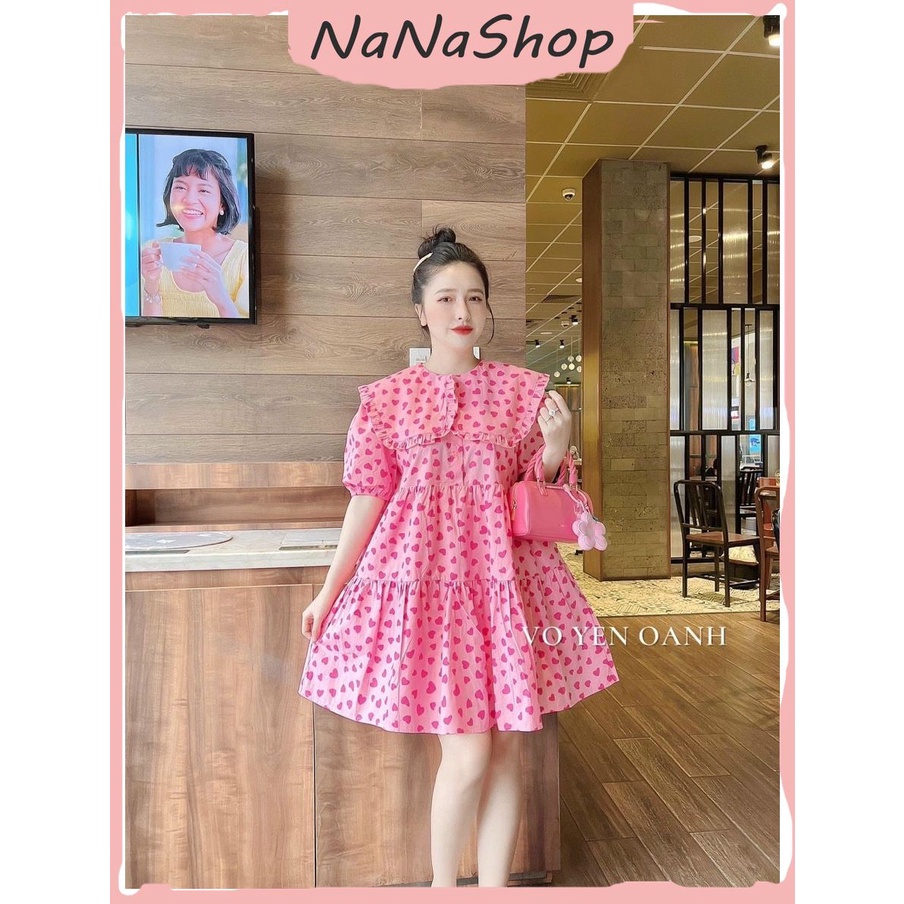 Đầm bầu hè thiết kế chất đũi thô xinh xắn mặc đi chơi, Váy bầu dáng đuôi cá babydoll siêu đẹp họa tiết trái tim hồng đậm