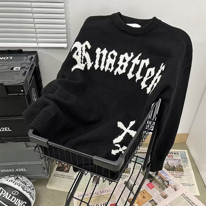 Áo sweater Dệt Kim Tay Dài Dáng Rộng In Chữ Thập Thời Trang Thu Đông Mỹ 2023 Cho Cặp Đôi