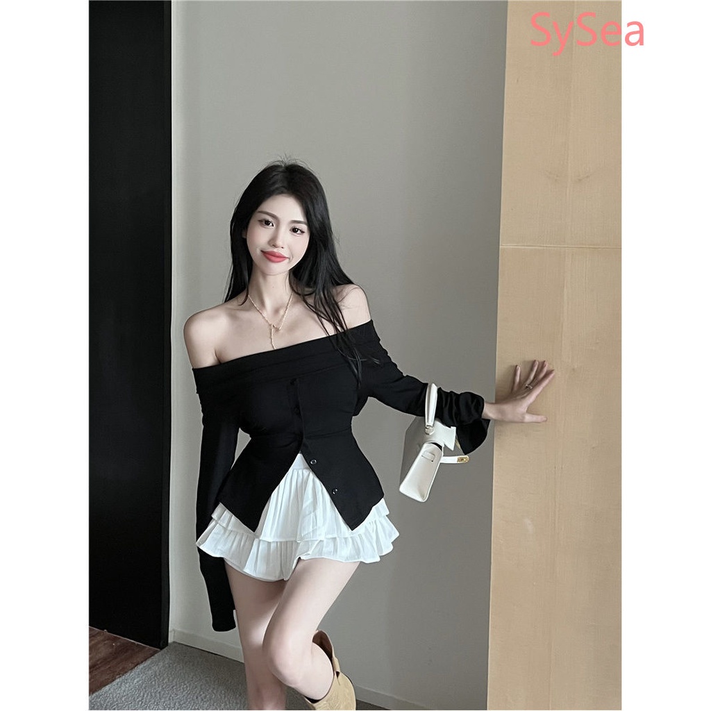 Set Áo Kiểu Tay Dài Trễ Vai + Chân Váy Màu Trơn Thời Trang Dành Cho Nữ