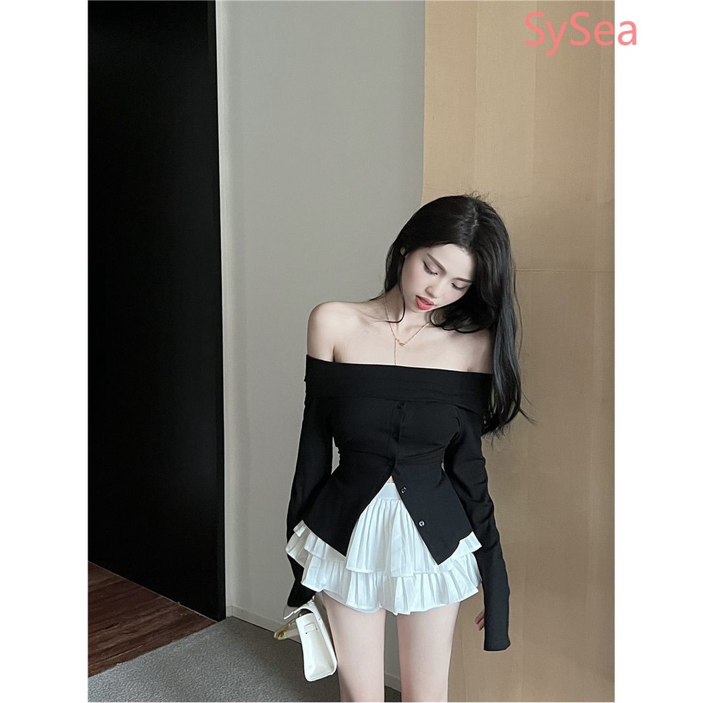 Set Áo Kiểu Tay Dài Trễ Vai + Chân Váy Màu Trơn Thời Trang Dành Cho Nữ