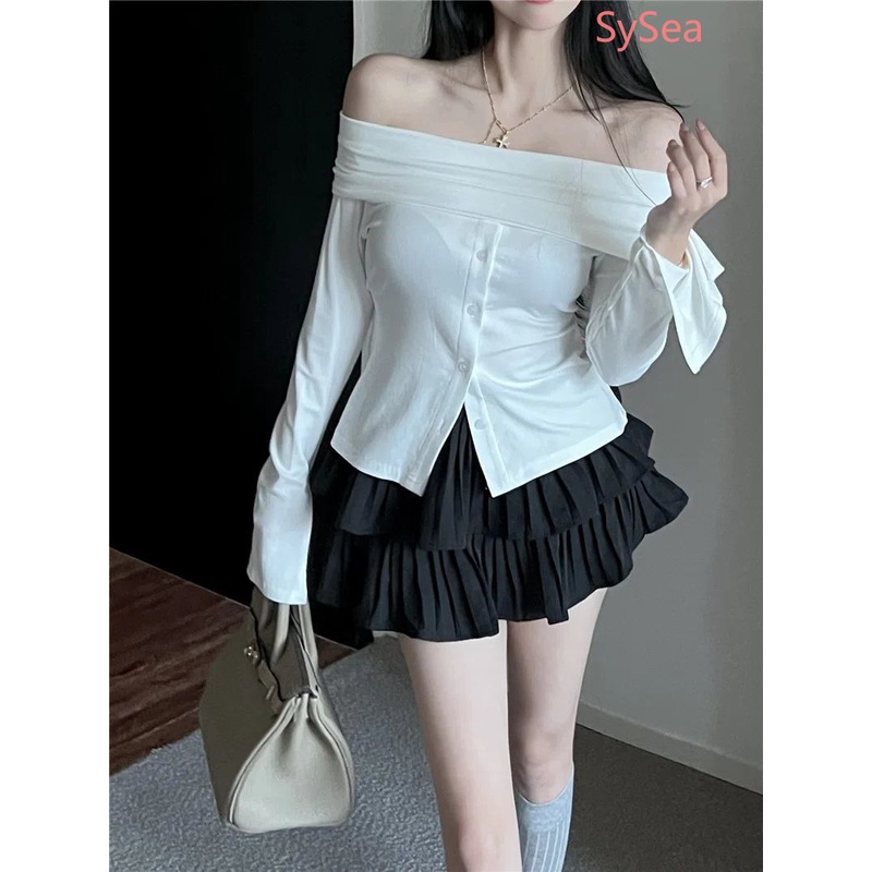 Set Áo Kiểu Tay Dài Trễ Vai + Chân Váy Màu Trơn Thời Trang Dành Cho Nữ