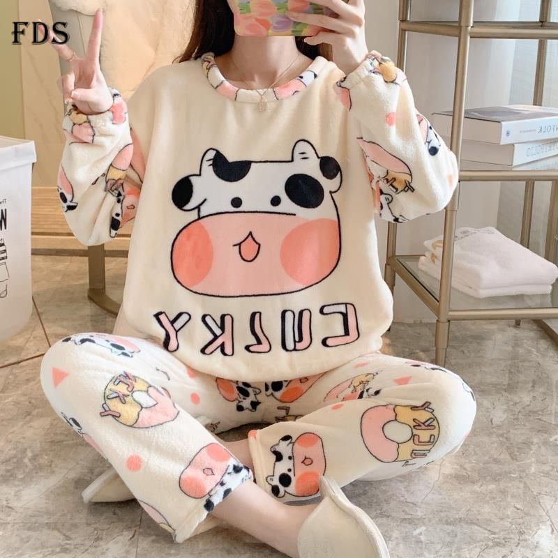 Fds Bộ Đồ Ngủ Tay Dài Chất Nỉ Dày Dặn In Họa Tiết Hoạt Hình Doremon Dễ Thương Thời Trang Thu Đông Cho Nữ