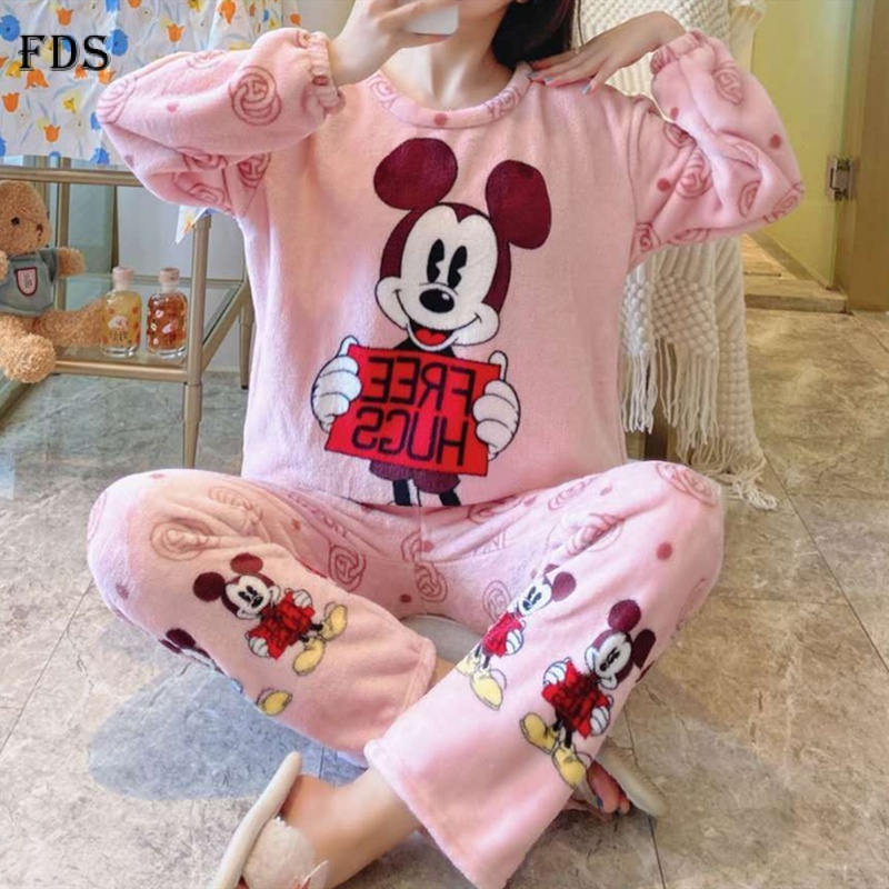 Fds Bộ Đồ Ngủ Tay Dài Chất Nỉ Dày Dặn In Họa Tiết Hoạt Hình Doremon Dễ Thương Thời Trang Thu Đông Cho Nữ