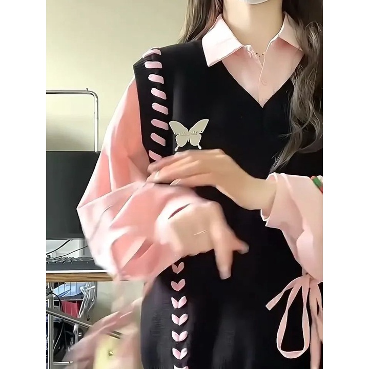 Set Áo Sơ Mi Tay Dài + Áo Len Không Tay Dễ Thương Cho Nữ