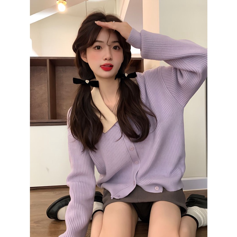 Áo Khoác sweater Dệt Kim Mềm Dáng Rộng Màu Tím Phong Cách Hàn Quốc Thời Trang Xuân Thu Cho Nữ Thẻ