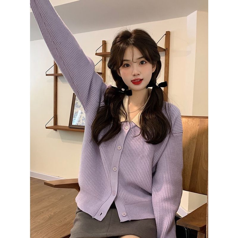 Áo Khoác sweater Dệt Kim Mềm Dáng Rộng Màu Tím Phong Cách Hàn Quốc Thời Trang Xuân Thu Cho Nữ Thẻ