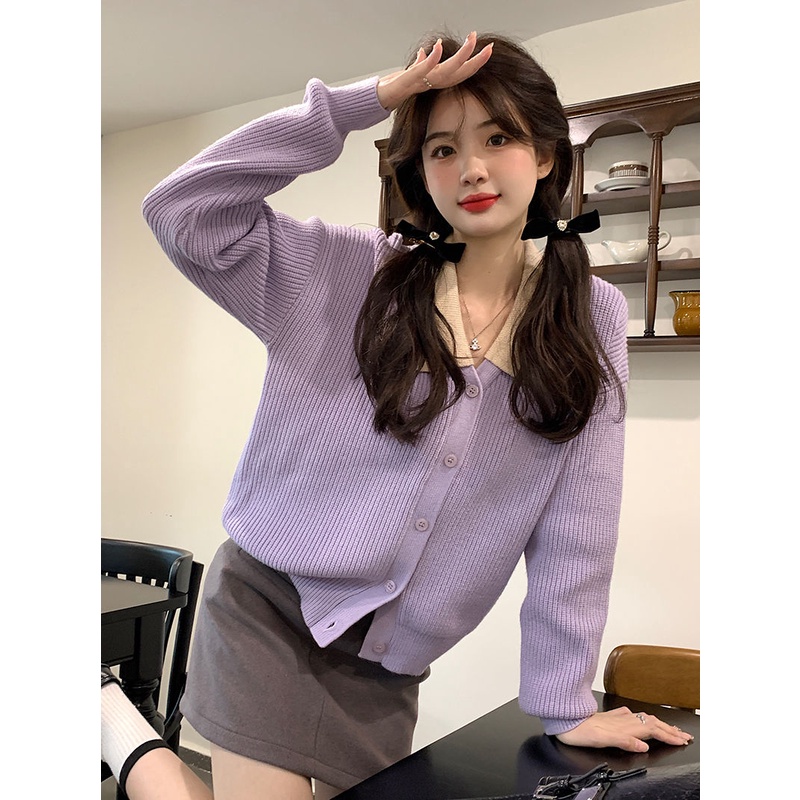 Áo Khoác sweater Dệt Kim Mềm Dáng Rộng Màu Tím Phong Cách Hàn Quốc Thời Trang Xuân Thu Cho Nữ Thẻ