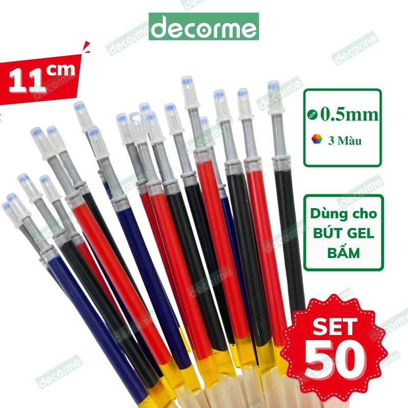 Ngòi bút bấm DecorMe ruột bút 11cm mực gel đen xanh đỏ ngòi 0.5mm dành cho bút gel bấm mực khô nhanh viết trơn mượt