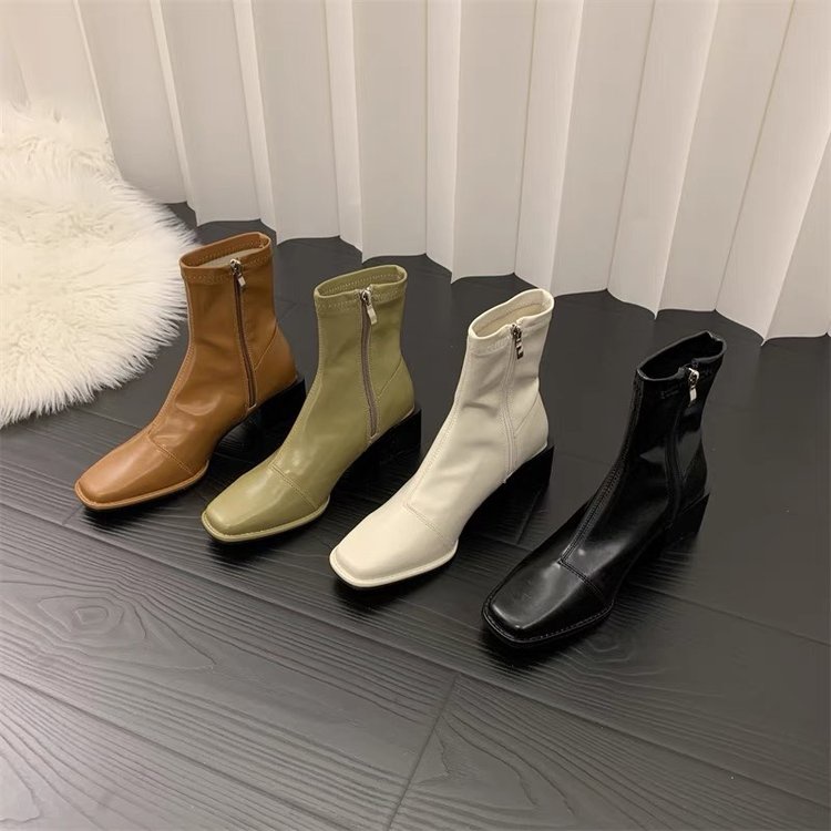 Giày Bốt Mũi Vuông Gót Dày Phối Khóa Kéo Cá Tính Thời Trang