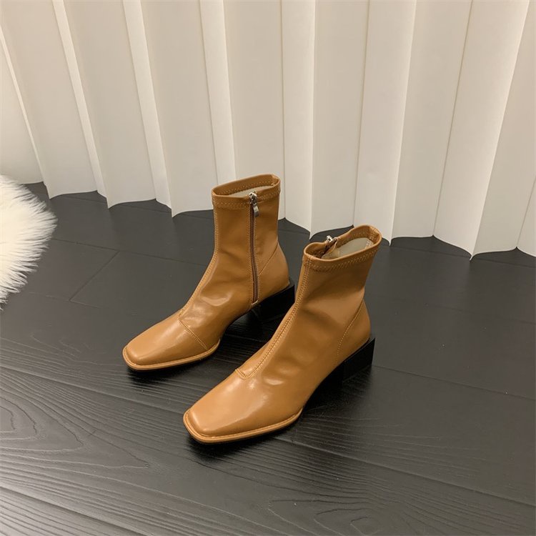 Giày Bốt Mũi Vuông Gót Dày Phối Khóa Kéo Cá Tính Thời Trang