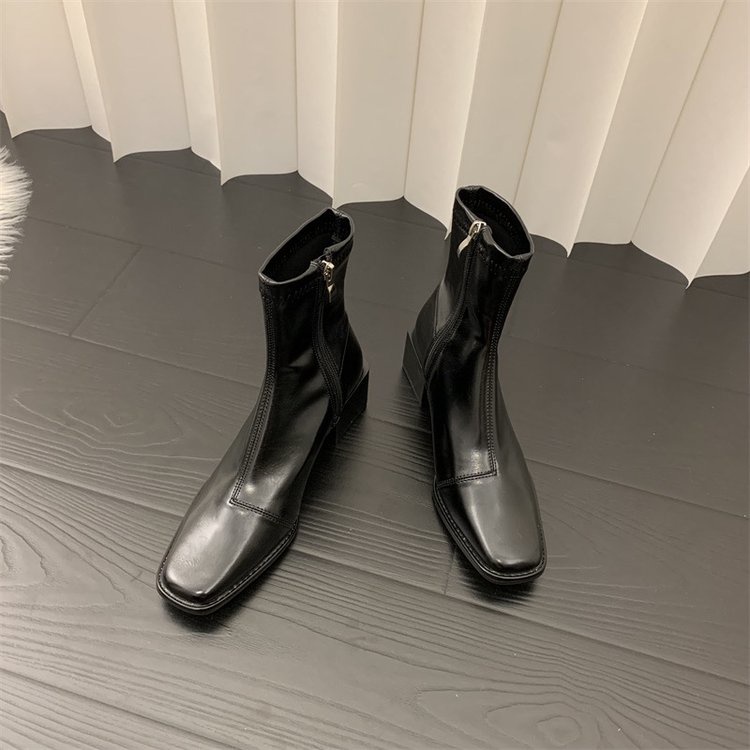 Giày Bốt Mũi Vuông Gót Dày Phối Khóa Kéo Cá Tính Thời Trang