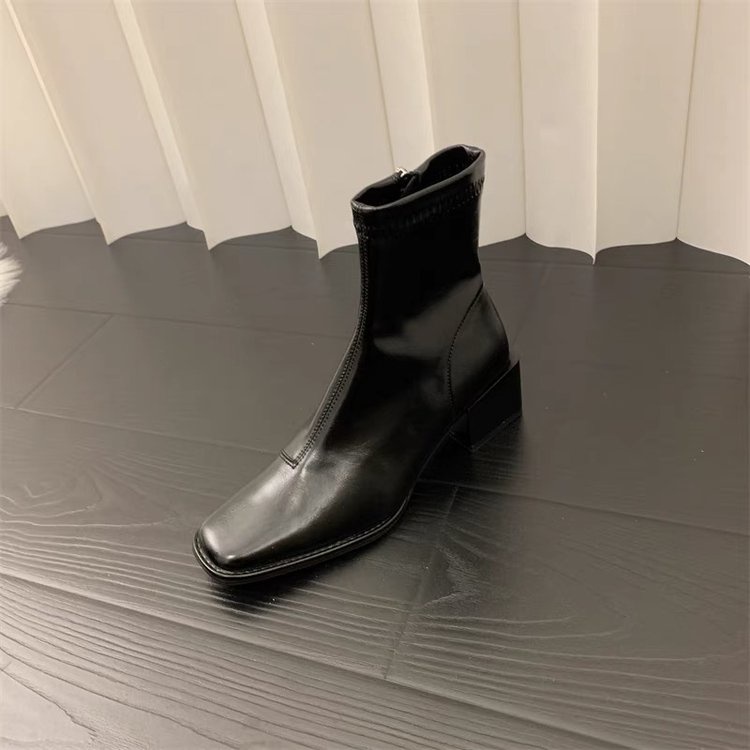 Giày Bốt Mũi Vuông Gót Dày Phối Khóa Kéo Cá Tính Thời Trang