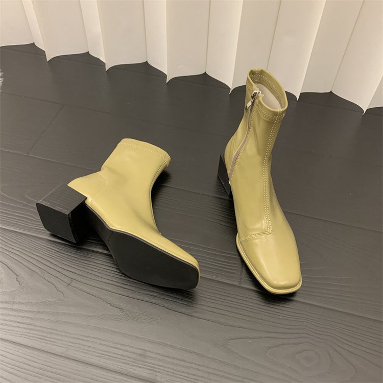 Giày Bốt Mũi Vuông Gót Dày Phối Khóa Kéo Cá Tính Thời Trang