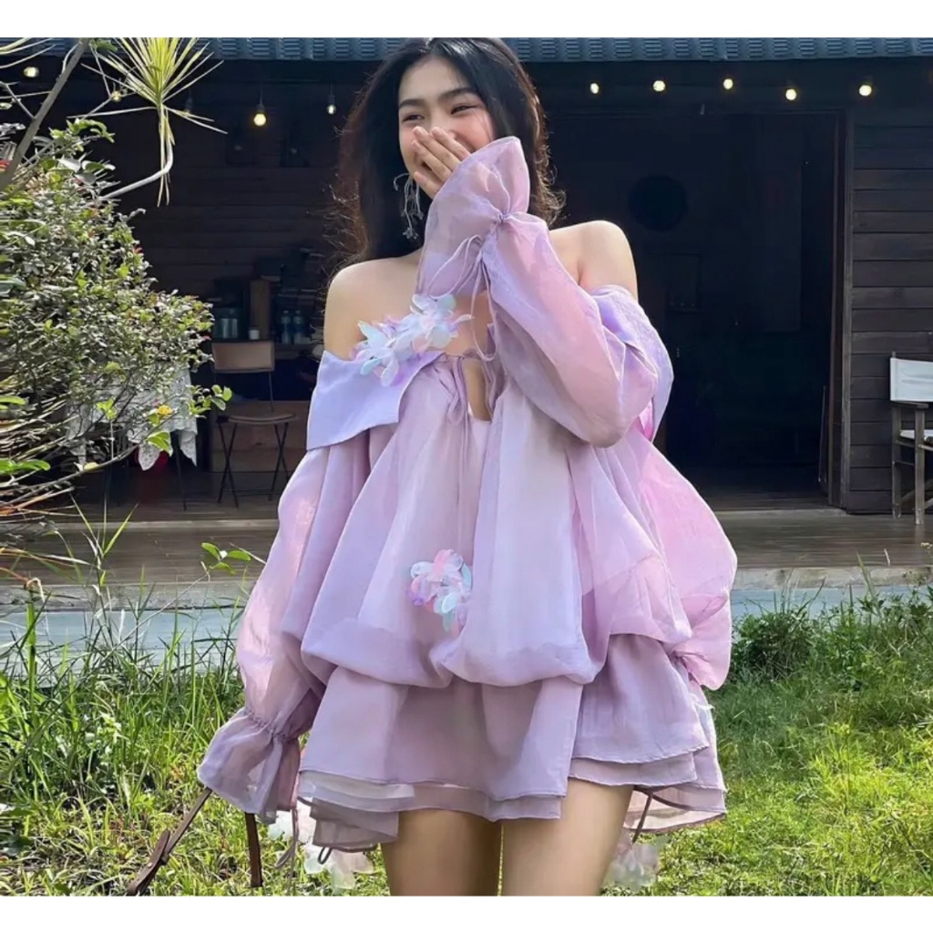 Jumpsuits tay dài trễ vai chất tơ bo chun, set áo hở vai giả váy-Kem.Studio