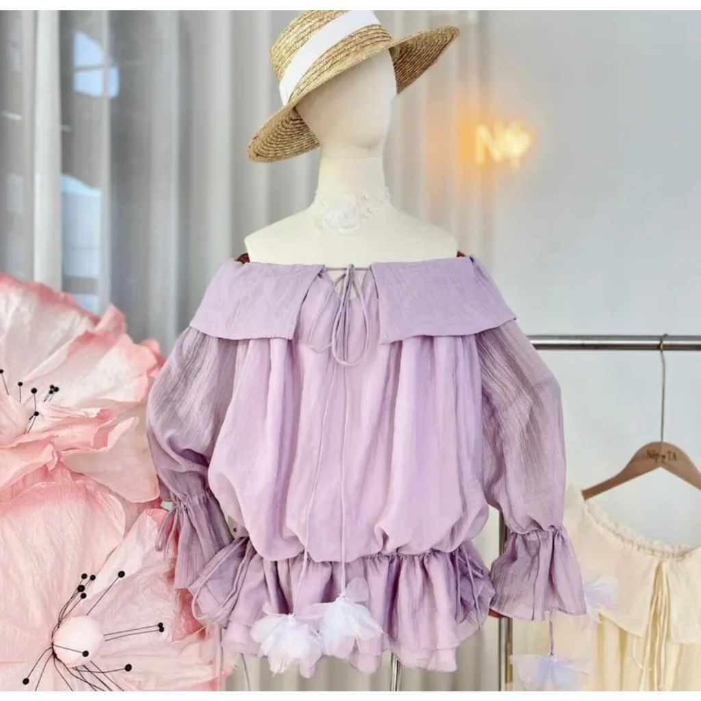 Jumpsuits tay dài trễ vai chất tơ bo chun, set áo hở vai giả váy-Kem.Studio