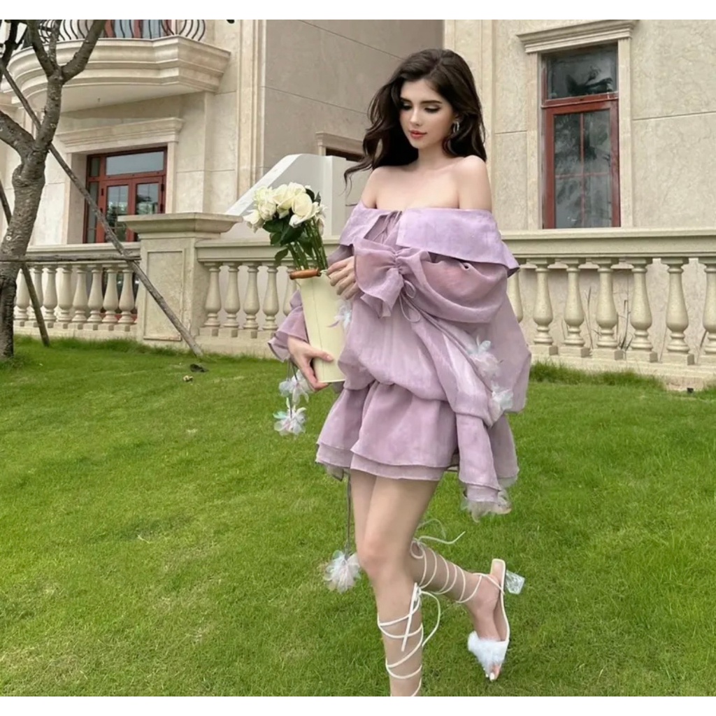 Jumpsuits tay dài trễ vai chất tơ bo chun, set áo hở vai giả váy-Kem.Studio