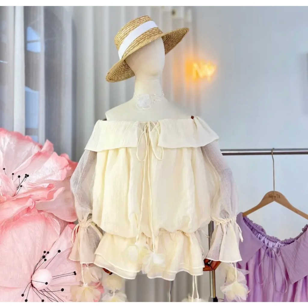 Jumpsuits tay dài trễ vai chất tơ bo chun, set áo hở vai giả váy-Kem.Studio
