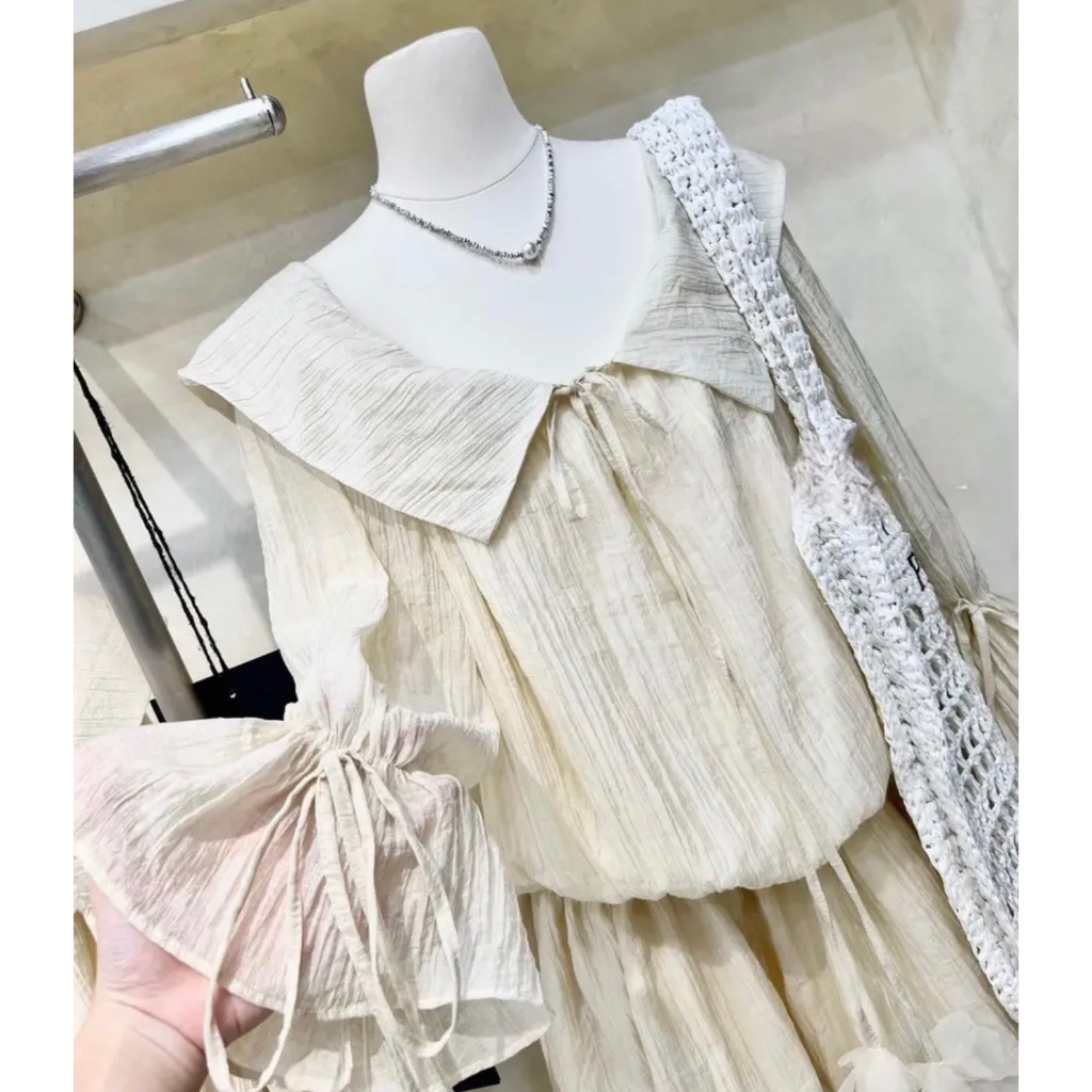 Jumpsuits tay dài trễ vai chất tơ bo chun, set áo hở vai giả váy-Kem.Studio