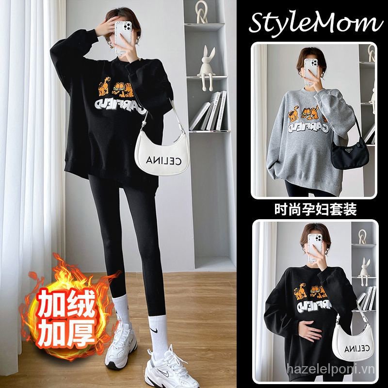 Set Áo Nỉ Dài Tay Có Thể Mặc Ngoài + Quần Dài Dáng Rộng Thời Trang Thu Đông Cho Phụ Nữ Mang Thai