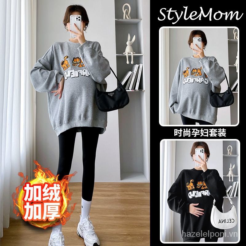 Set Áo Nỉ Dài Tay Có Thể Mặc Ngoài + Quần Dài Dáng Rộng Thời Trang Thu Đông Cho Phụ Nữ Mang Thai
