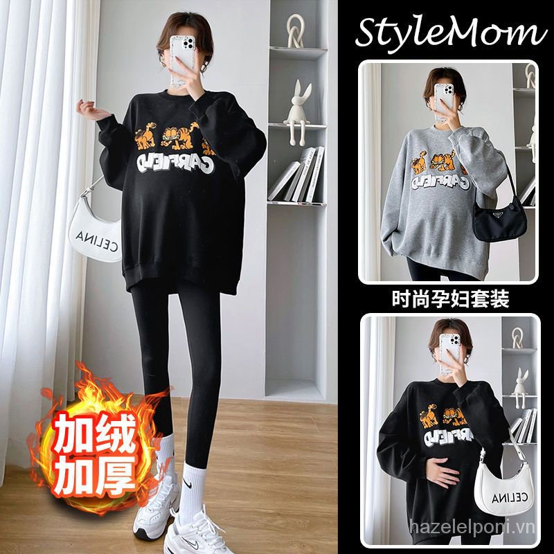 Set Áo Nỉ Dài Tay Có Thể Mặc Ngoài + Quần Dài Dáng Rộng Thời Trang Thu Đông Cho Phụ Nữ Mang Thai
