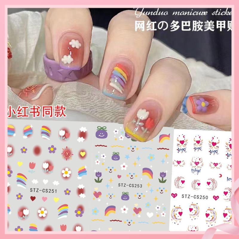 Mới Miếng Dán Móng Tay Tự Dính Họa Tiết Hoạt Hình Màu Cầu Vồng Phong Cách Pháp Cho Nữ