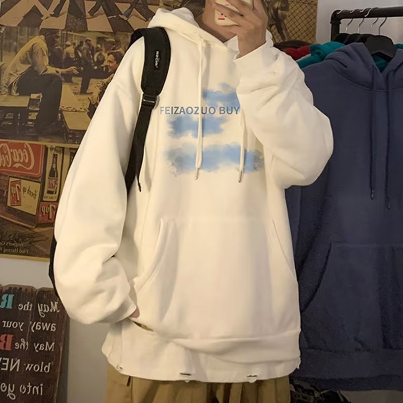 Thời Gian Thật Áo hoodie Tay Dài Dáng Rộng In Hình Đám Mây Phong Cách Hàn Quốc Cho Nam Giới