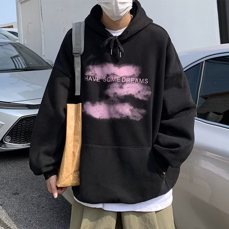 Thời Gian Thật Áo hoodie Tay Dài Dáng Rộng In Hình Đám Mây Phong Cách Hàn Quốc Cho Nam Giới