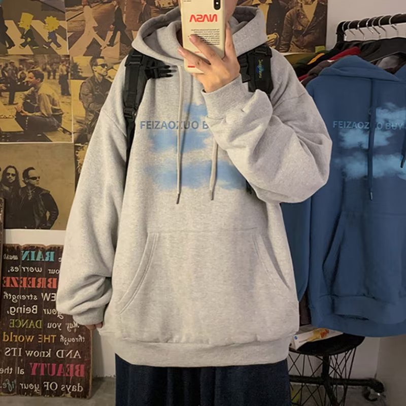 Thời Gian Thật Áo hoodie Tay Dài Dáng Rộng In Hình Đám Mây Phong Cách Hàn Quốc Cho Nam Giới