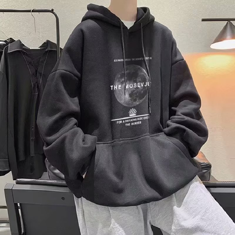 Áo hoodie Tay Dài Dáng Rộng In Hình Mặt Trăng plus size Phong Cách Hàn Quốc Cho Nam
