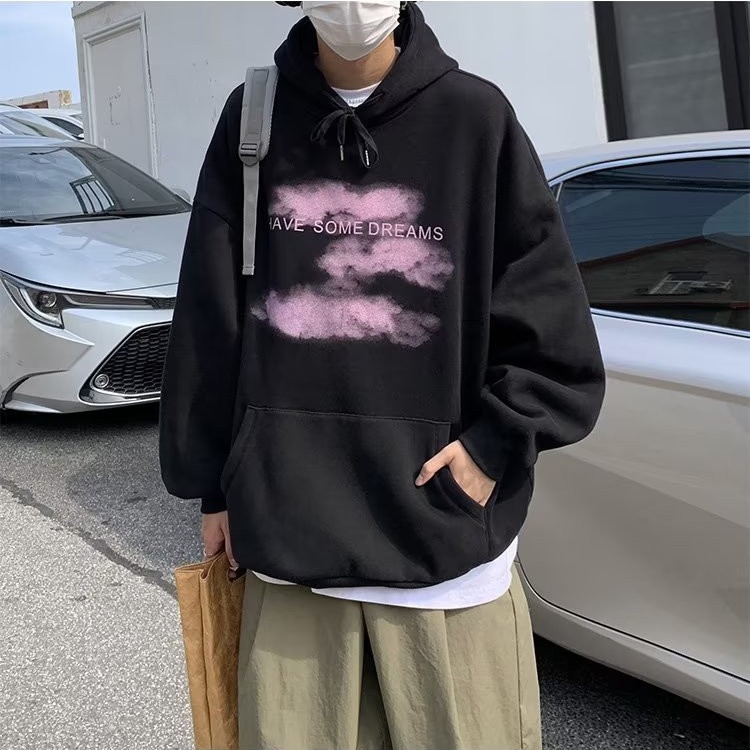 Thời Gian Thật Áo hoodie Tay Dài Dáng Rộng In Hình Đám Mây Phong Cách Hàn Quốc Cho Nam Giới
