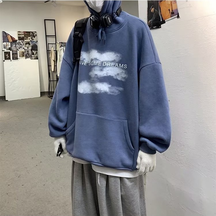Thời Gian Thật Áo hoodie Tay Dài Dáng Rộng In Hình Đám Mây Phong Cách Hàn Quốc Cho Nam Giới