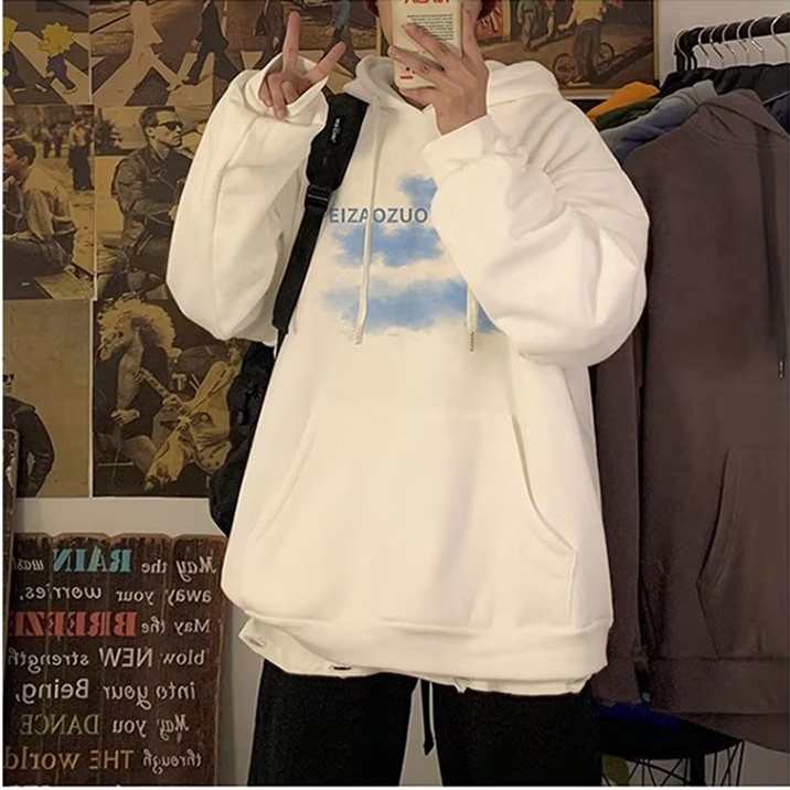 Thời Gian Thật Áo hoodie Tay Dài Dáng Rộng In Hình Đám Mây Phong Cách Hàn Quốc Cho Nam Giới