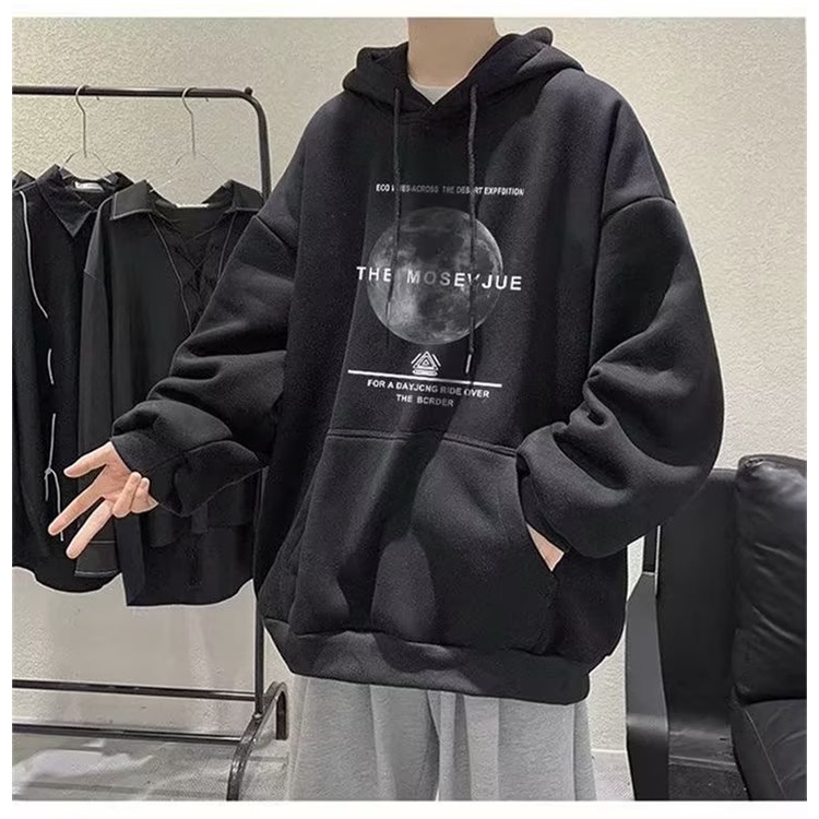 Áo hoodie Tay Dài Dáng Rộng In Hình Mặt Trăng plus size Phong Cách Hàn Quốc Cho Nam