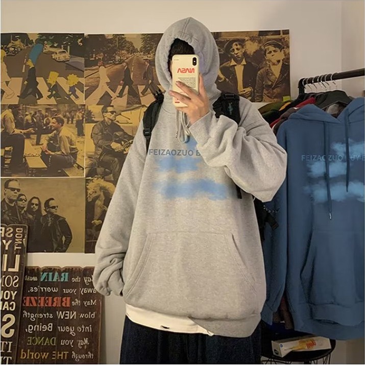 Thời Gian Thật Áo hoodie Tay Dài Dáng Rộng In Hình Đám Mây Phong Cách Hàn Quốc Cho Nam Giới