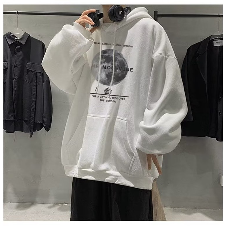 Áo hoodie Tay Dài Dáng Rộng In Hình Mặt Trăng plus size Phong Cách Hàn Quốc Cho Nam