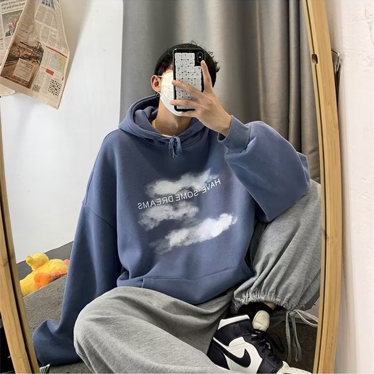 Thời Gian Thật Áo hoodie Tay Dài Dáng Rộng In Hình Đám Mây Phong Cách Hàn Quốc Cho Nam Giới