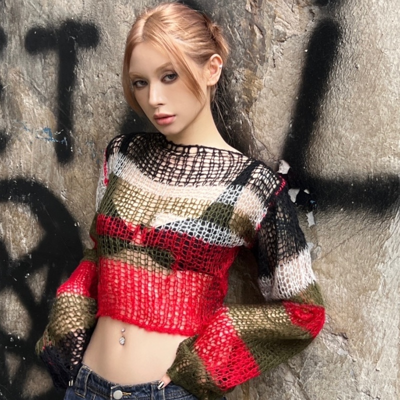Missfashion Áo sweater Dệt Kim Tay Dài Dáng Rộng Ngắn Hở Lưng Thời Trang Mùa Xuân Cho Nữ