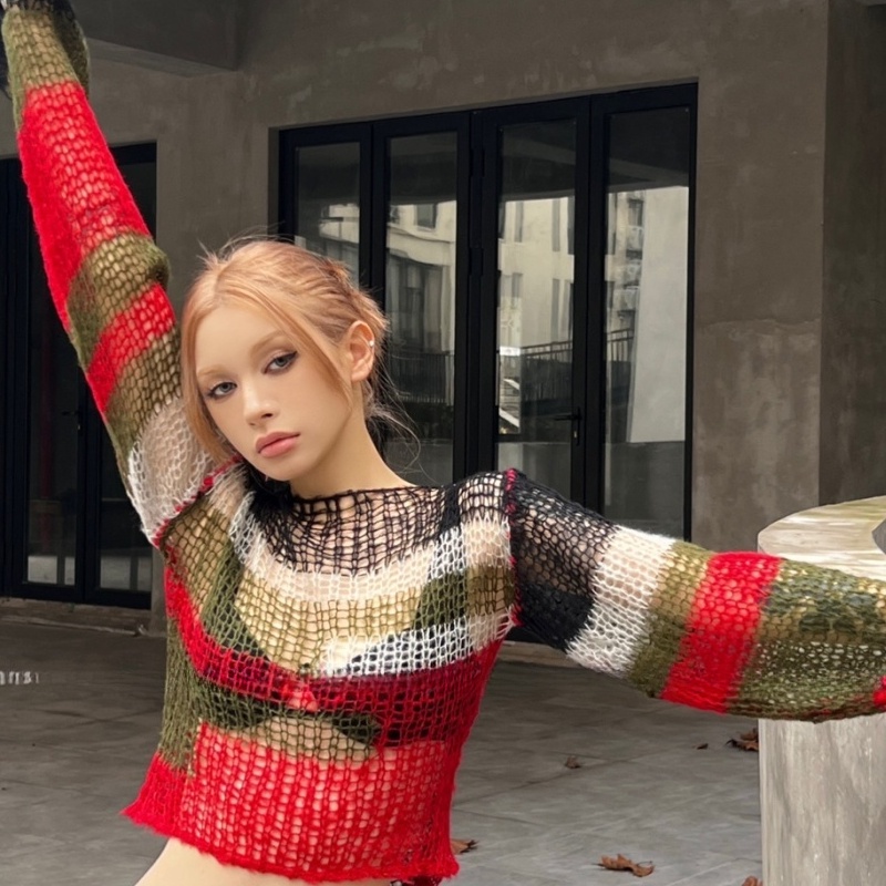 Missfashion Áo sweater Dệt Kim Tay Dài Dáng Rộng Ngắn Hở Lưng Thời Trang Mùa Xuân Cho Nữ