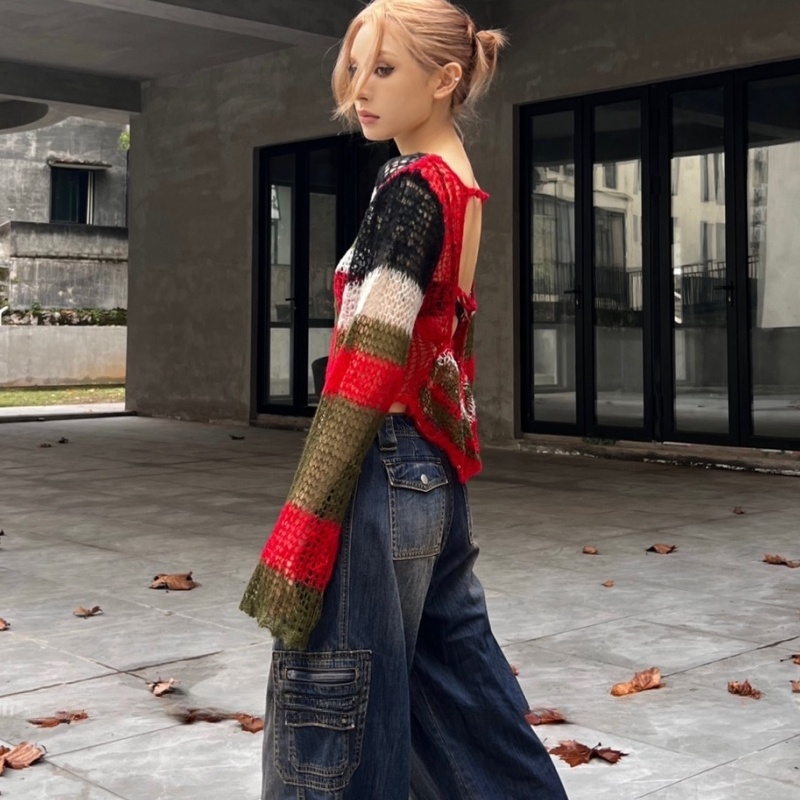 Missfashion Áo sweater Dệt Kim Tay Dài Dáng Rộng Ngắn Hở Lưng Thời Trang Mùa Xuân Cho Nữ
