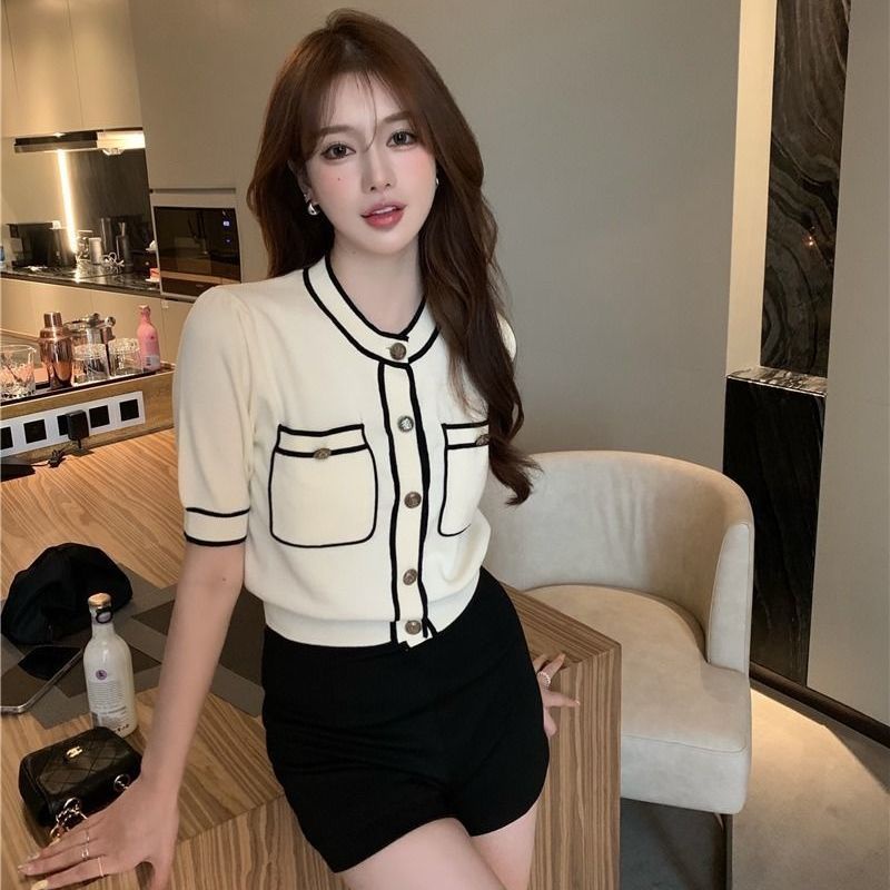 Áo cardigan Dệt Kim Mỏng Tay Ngắn Phong Cách Pháp Thời Trang Mùa Hè Cho Nữ