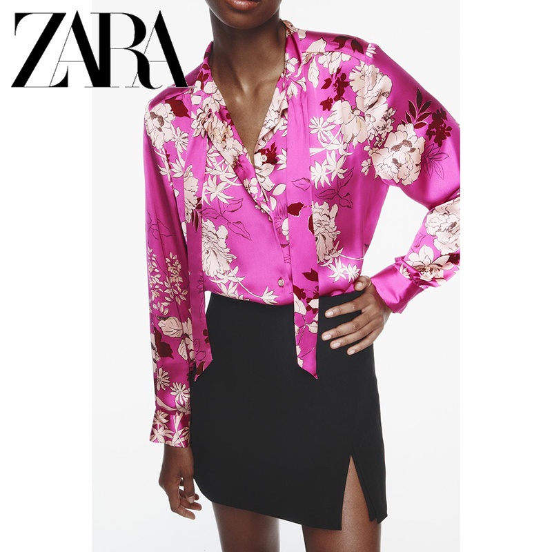 Zara Áo Sơ Mi Vải Lụa satin In Họa Tiết Thời Trang Mùa Thu Cho Nữ