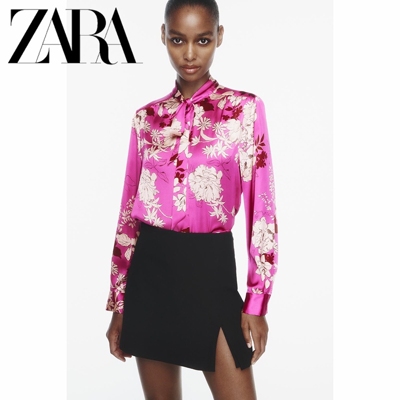 Zara Áo Sơ Mi Vải Lụa satin In Họa Tiết Thời Trang Mùa Thu Cho Nữ