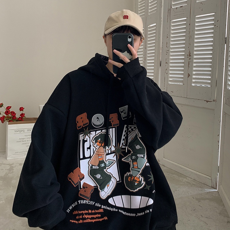 Áo hoodie trùm đầu nam mùa thu đông hoạt hình anime in hình cặp đôi áo rời kích thước lớn áo khoác dày
