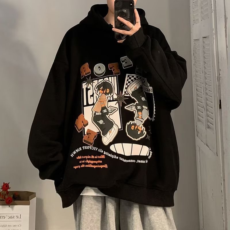 Áo hoodie trùm đầu nam mùa thu đông hoạt hình anime in hình cặp đôi áo rời kích thước lớn áo khoác dày