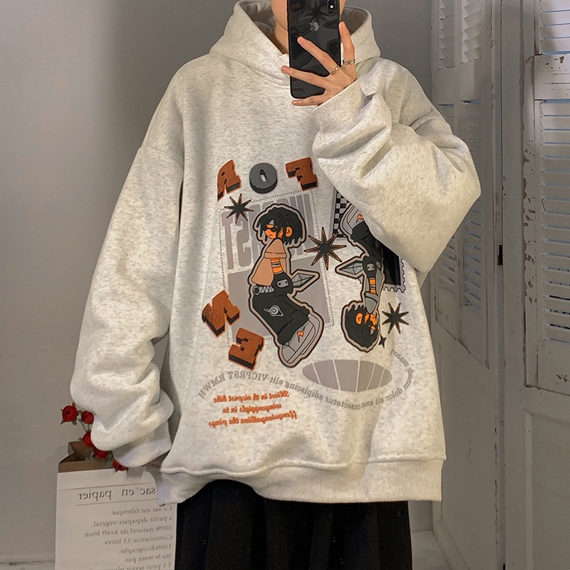 Áo hoodie trùm đầu nam mùa thu đông hoạt hình anime in hình cặp đôi áo rời kích thước lớn áo khoác dày