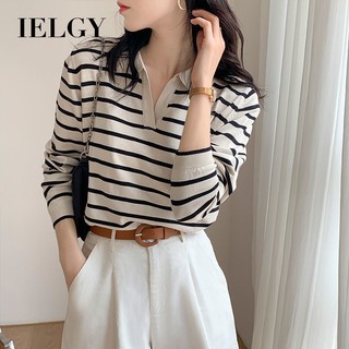  IELGY Áo sơ mi dệt kim sọc cổ chữ V polo dài tay nữ mùa thu mới dáng rộng đi lại phù hợp với áo khoác ngoài 