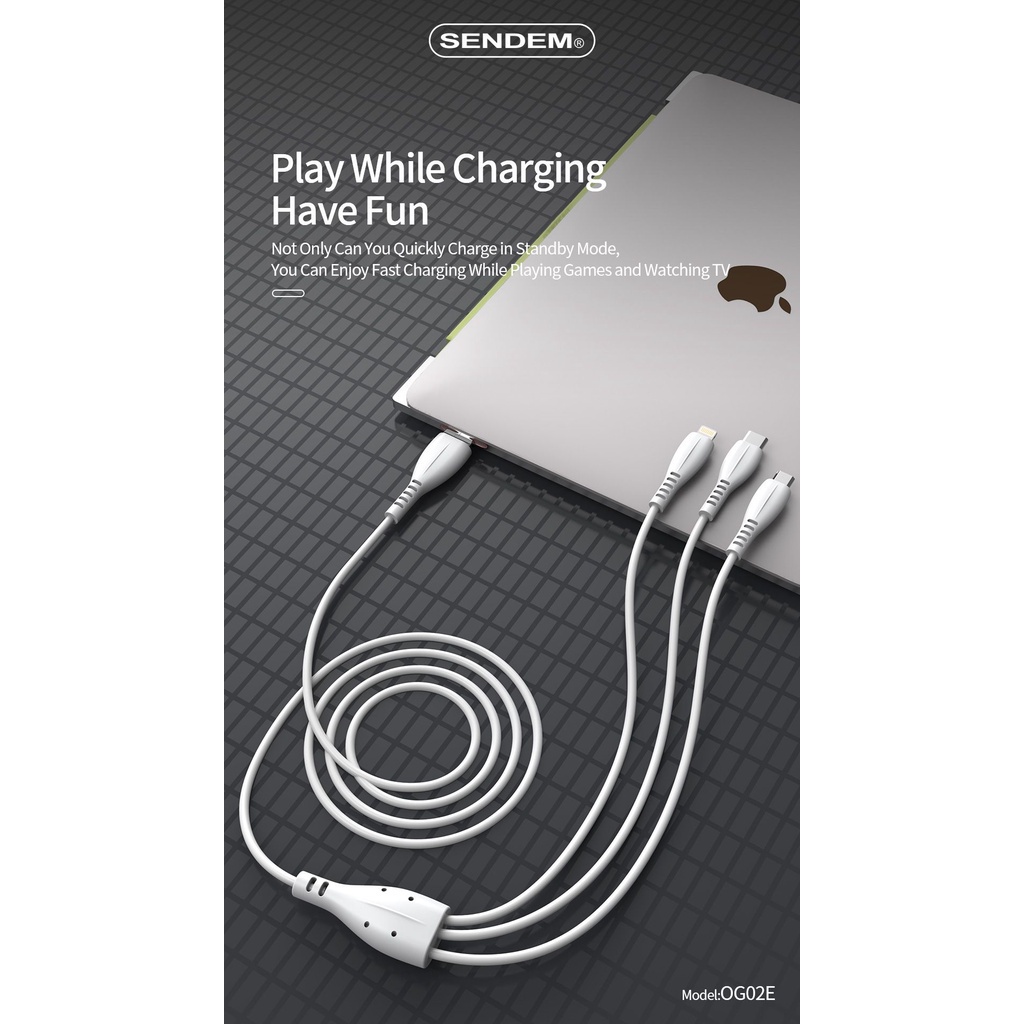 Bộ Củ Cáp Sạc Nhanh Đa Năng 3 IN 1 18W OG02E 50W SENDEM USB to Type-C/LN/Micro Cho Điện Thoại 3 Cổng Chuyển