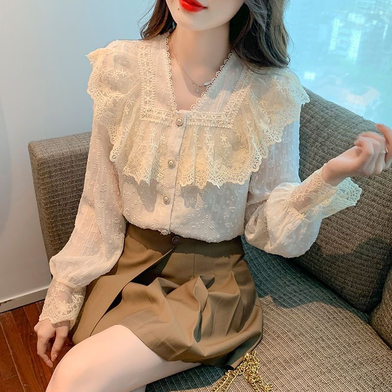 Áo Sơ Mi chiffon Phối Ren Che Bụng Thời Trang Mùa Thu Kiểu Mới Cho Nữ