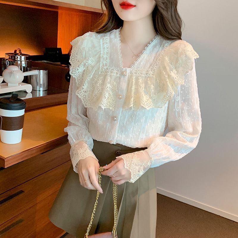 Áo Sơ Mi chiffon Phối Ren Che Bụng Thời Trang Mùa Thu Kiểu Mới Cho Nữ